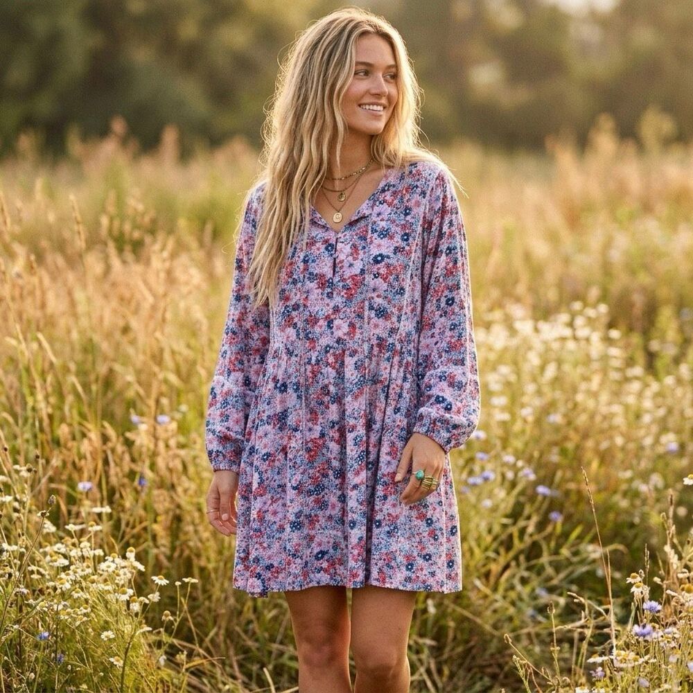 NWOT Natural Life Pink Floral Babydoll Mini Dress Boho Balloon Sleeve Medium